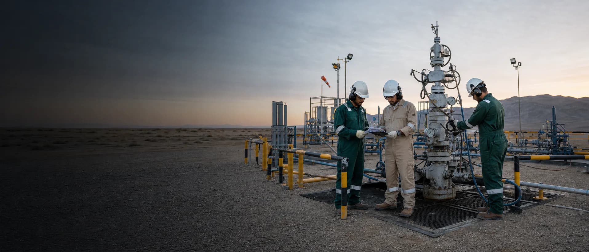 Well-testing technicians in full PPE carrying out a safety inspection at a desert field site